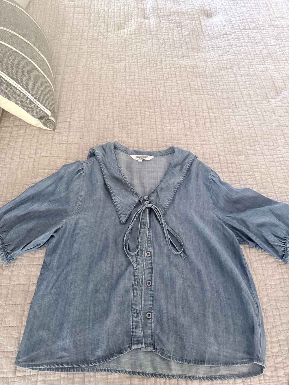 Velvet Heart Blue Tie-Neck Chambray Button-Front Top